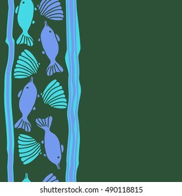 Vertical seamless pattern of sea motif, stripes. Hand drawn.