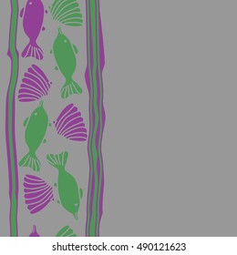 Vertical seamless pattern of sea motif, stripes. Hand drawn.