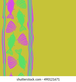 Vertical seamless pattern of sea motif, stripes. Hand drawn.