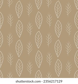 Vertical seamless pattern of simple line contour stylized leaves. Monochrome drawing on a light coffee with milk background. Geometric repeat print for wallpaper, home textile, curtains, fabric