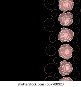 Vertical seamless pattern of stylized brown and pink roses with copy space (place for your text).