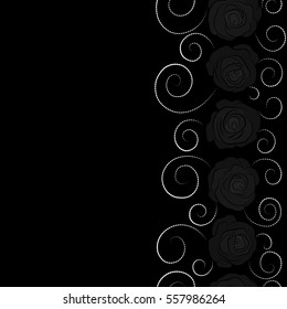 Vertical seamless pattern of stylized neutral and gray roses with copy space (place for your text).