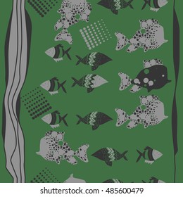 Vertical seamless pattern of  stylized  sea motif, striped . Hand drawn.
