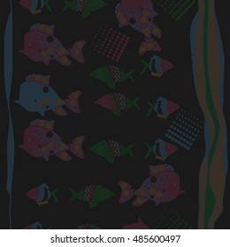 Vertical seamless pattern of  stylized  sea motif, striped . Hand drawn.