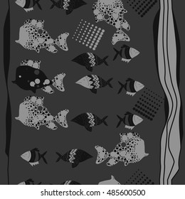 Vertical seamless pattern of  stylized  sea motif, striped . Hand drawn.