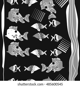 Vertical seamless pattern of  stylized  sea motif, striped . Hand drawn.