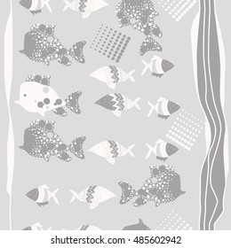 Vertical seamless  pattern of  stylized  sea motif, striped . Hand drawn.