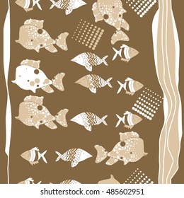 Vertical seamless  pattern of  stylized  sea motif, striped . Hand drawn.