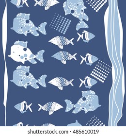 Vertical seamless  pattern of  stylized  sea motif, striped . Hand drawn.