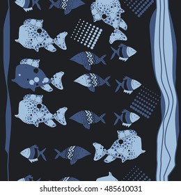 Vertical seamless  pattern of  stylized  sea motif, striped . Hand drawn.