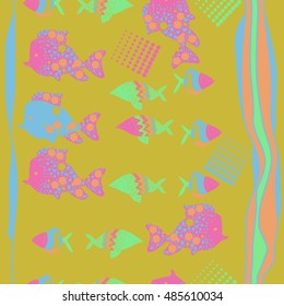 Vertical seamless  pattern of  stylized  sea motif, striped . Hand drawn.
