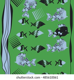 Vertical seamless  pattern of  stylized  sea motif, striped . Hand drawn.