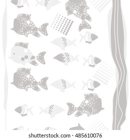 Vertical seamless  pattern of  stylized  sea motif, striped . Hand drawn.