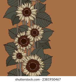 Vertical seamless pattern of sunflowers. Vector illustration with contour lines on a colored background.