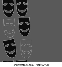 Vertical seamless  pattern of theater masks, copy space. Hand drawn.