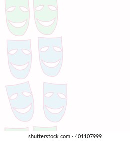 Vertical seamless  pattern of theater masks, copy space. Hand drawn.