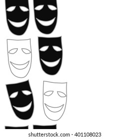 Vertical seamless  pattern of theater masks, copy space. Hand drawn.