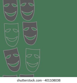 Vertical seamless  pattern of theater masks, copy space. Hand drawn.