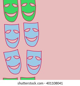 Vertical seamless  pattern of theater masks, copy space. Hand drawn.