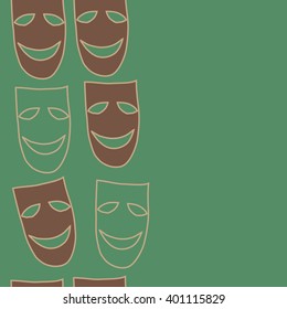 Vertical seamless  pattern of theater masks, copy space. Hand drawn.