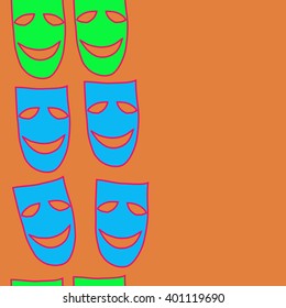 Vertical seamless  pattern of theater masks, copy space. Hand drawn.