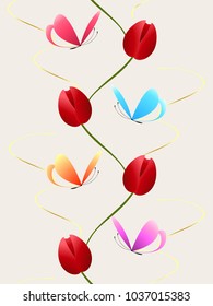 Vertical seamless pattern with tulips and butterflies with ribbons.