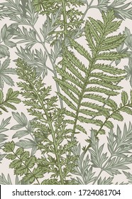 Vertical seamless pattern in vintage style. Leaves and plants. Vector botanical illustration. Green colors.
