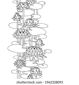 vertical seamless pattern, water lily flowers and leaves, for ornaments, decorative frames and borders, vector illustration with black contour lines isolated on a white background in hand drawn style