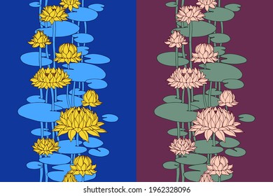 vertical seamless pattern, water lily flowers and leaves, for ornaments, decorative frames and borders, color vector illustration with contour lines on a blue and purple background in hand drawn style