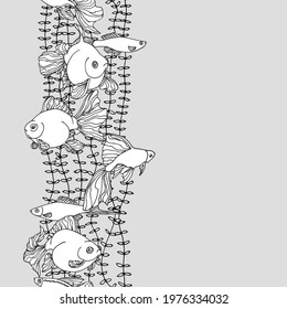 vertical seamless pattern, white aquarium fish in algae, goldfish, swordfish and guppy, for frame and border, vector illustration with black contour lines on a gray background in a hand drawn style