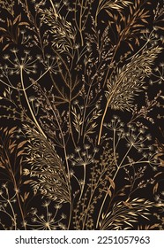 Vertical seamless pattern with wild and dry grass. Vector botanical illustration. Layout for wallpaper, textile, fabric. Dark background and golden ornament. Dried plants. Engraving style. 