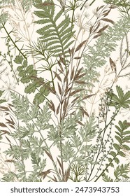 Vertical seamless pattern with wild and dry herbs and leaves. Vintage vector illustration . Ornament for wallpaper, textile, package or your other design. Natural green and beige tones.