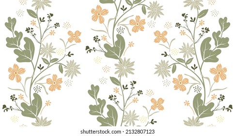 Vertical seamless pattern with wild flowers on a tarsparent background. Suitable for wallpaper, fabrics, home decor items