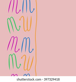 Vertical seamless  pattern of zodiac signs motif,scorpio,   stripes, object, copy space. Hand drawn.