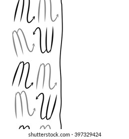 Vertical seamless  pattern of zodiac signs motif,scorpio,   stripes, object, copy space. Hand drawn.