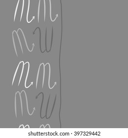 Vertical seamless  pattern of zodiac signs motif,scorpio,   stripes, object, copy space. Hand drawn.