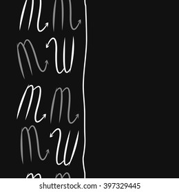 Vertical seamless  pattern of zodiac signs motif,scorpio,   stripes, object, copy space. Hand drawn.