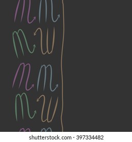 Vertical seamless  pattern of zodiac signs motif,scorpio,   stripes, object, copy space. Hand drawn.