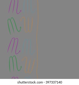 Vertical seamless  pattern of zodiac signs motif,scorpio,   stripes, object, copy space. Hand drawn.