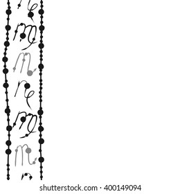 Vertical seamless  pattern of zodiac signs motif,scorpio, capricorn,virgo, object,stripes, copy space. Hand drawn.