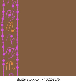Vertical seamless  pattern of zodiac signs motif,scorpio, capricorn,virgo, object,stripes, copy space. Hand drawn.