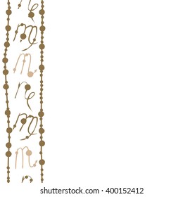 Vertical seamless  pattern of zodiac signs motif,scorpio, capricorn,virgo, object,stripes, copy space. Hand drawn.