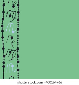 Vertical seamless  pattern of zodiac signs motif,scorpio, capricorn,virgo, object,stripes, copy space. Hand drawn.