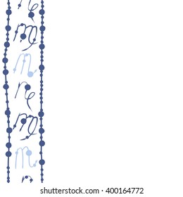 Vertical seamless  pattern of zodiac signs motif,scorpio, capricorn,virgo, object,stripes, copy space. Hand drawn.