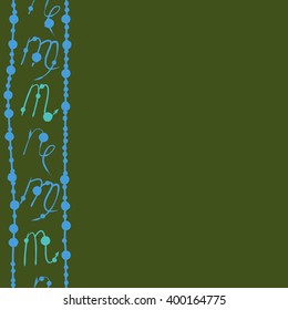 Vertical seamless  pattern of zodiac signs motif,scorpio, capricorn,virgo, object,stripes, copy space. Hand drawn.