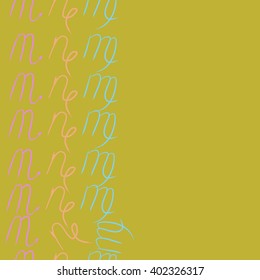 Vertical seamless  pattern of zodiac signs motif,scorpio, capricorn,virgo, object, copy space. Hand drawn.