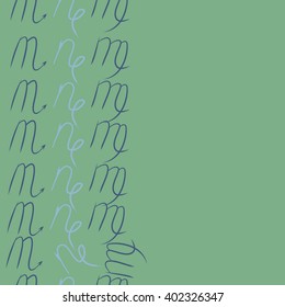 Vertical seamless  pattern of zodiac signs motif,scorpio, capricorn,virgo, object, copy space. Hand drawn.