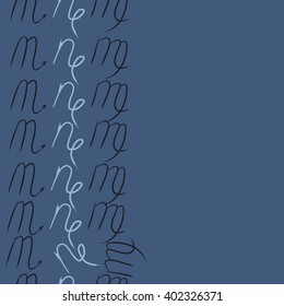 Vertical seamless  pattern of zodiac signs motif,scorpio, capricorn,virgo, object, copy space. Hand drawn.