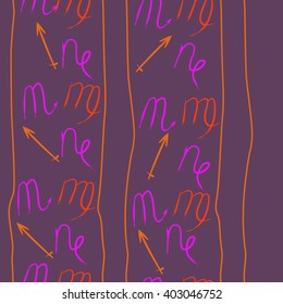 Vertical seamless pattern of zodiac signs motif,sagittarius,virgo, capricorn, scorpio, object, stripes, copy space. Hand drawn.
