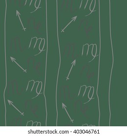 Vertical seamless pattern of zodiac signs motif,sagittarius,virgo, capricorn, scorpio, object, stripes, copy space. Hand drawn.